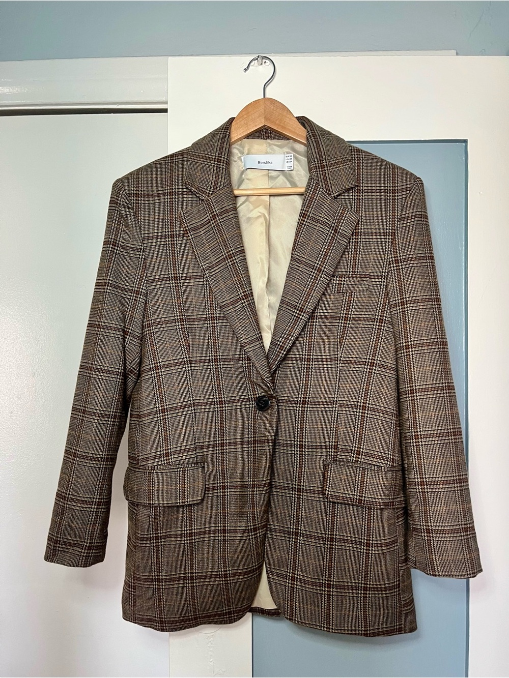 Bershka Brown Plaid Single-Button Oversized Women’s Blazer